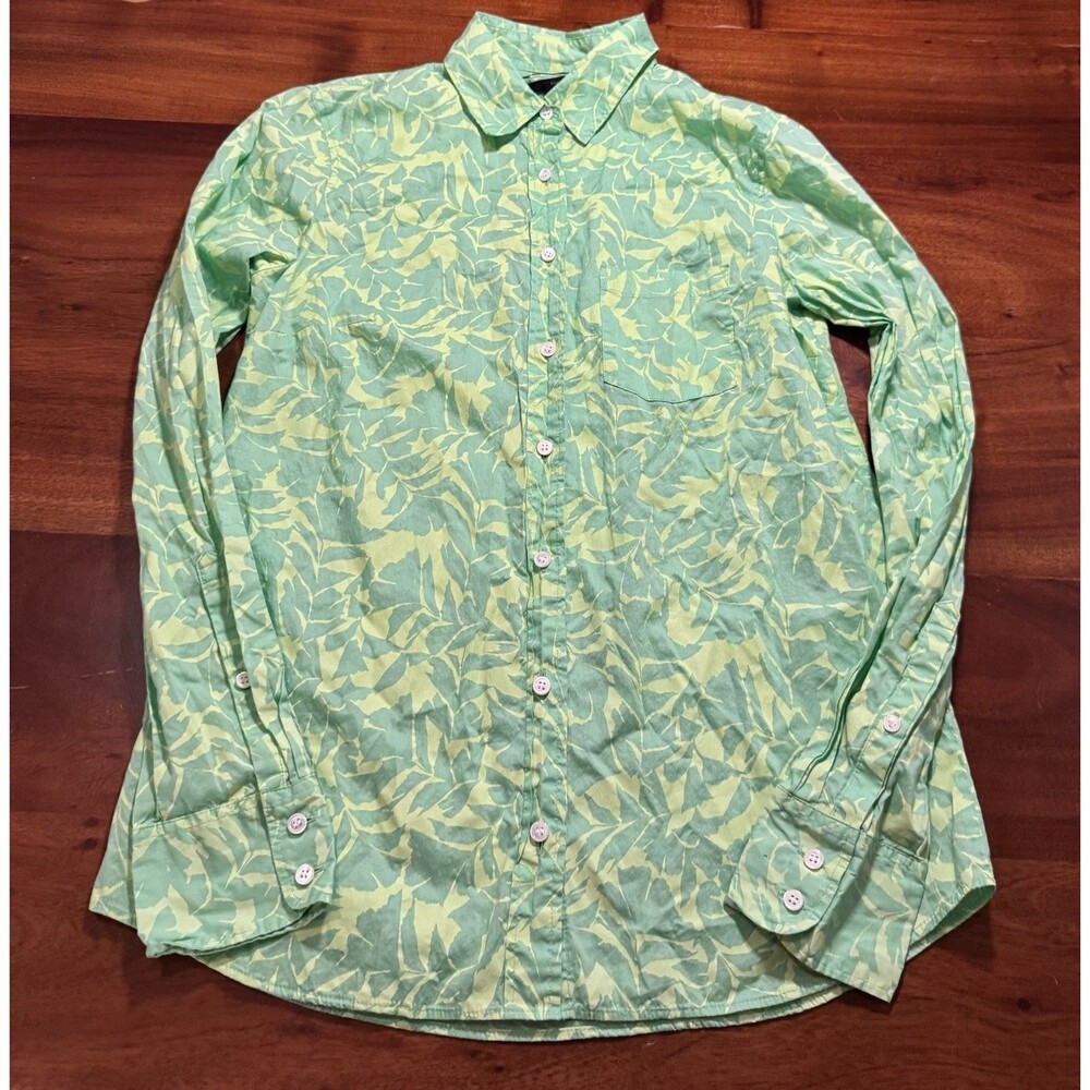 J Crew Boy Shirt Size 2 Womens Green Yellow Floral Leaf Palm Button Up Cotton